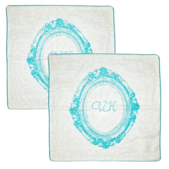 New Pottery Barn PB Teen Throw Pillow Covers Cases 2PSs 18” Linen Cream Teal - Picture 2 of 7